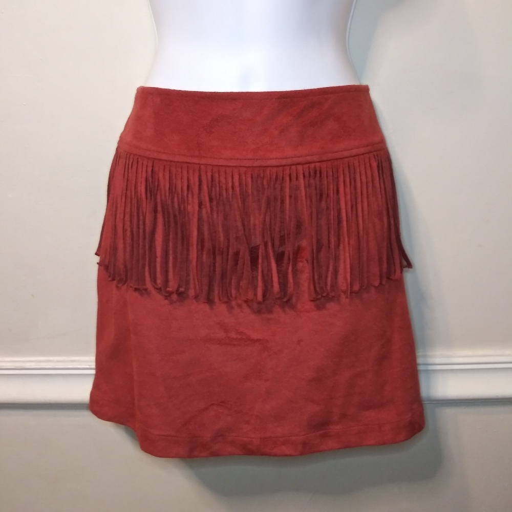 Express Rust Microsuede Boho, Western Fringed Side Zip Mini Skirt - Picture 1 of 8
